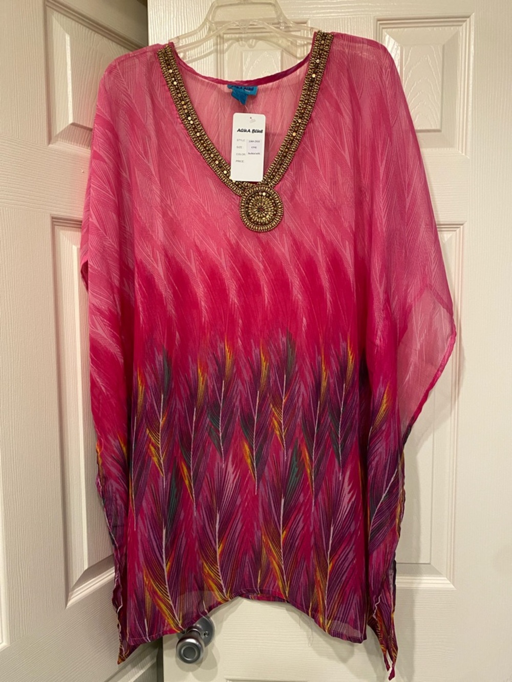 Aqua Blu Fuchsia Beaded V-Neck Tunic